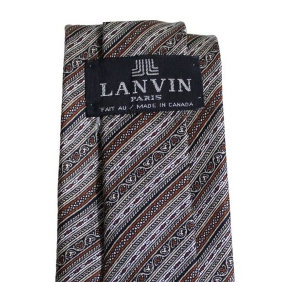 LANVIN PARIS Tie 100% Silk - Beige, Rust, Grey & Black Diagonal Stripes - Picture 3 of 6